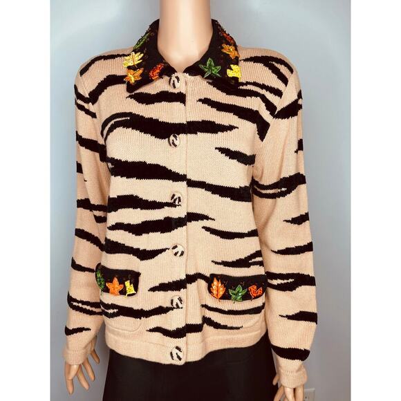 Berek Tiger Striped Embroidered Cardigan Knit Sweater size M Tan/Black Vintage - Picture 2 of 11